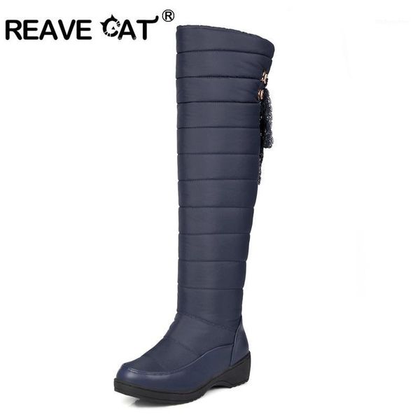 

reave cat woman boots over-the-knee winter botas female pu down cross-tie slip-on footwear tassel low heel round toe botas a1731, Black