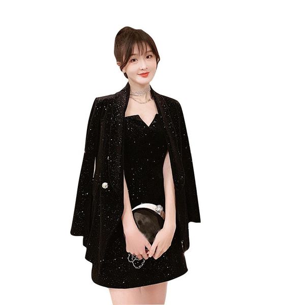 

women's tracksuits autumn shiny suits feminine suit jacket + hepburn style velvet strap dress two-piece sets party women, Gray