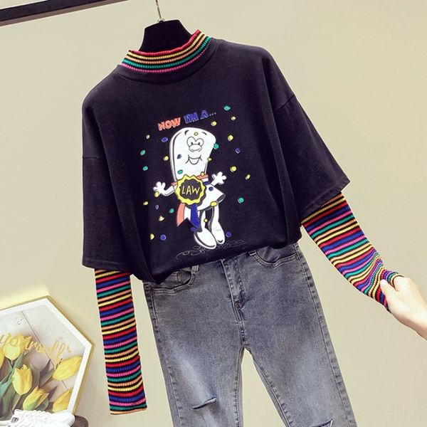 

autumn 2020 korean fake two piece pullover coat t-shirt loose half high collar stripe long sleeve t-shirt for women pxqkt, White