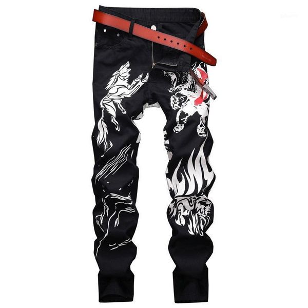 

new fashion trend young men's jeans individuality 3d animal print design pants casual skinny cowboys trousers slim fit1, Blue