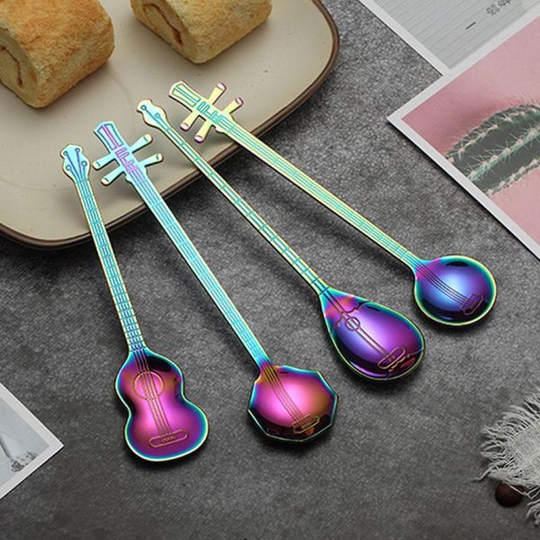 

spoons 4pcs stainless steel cartoon guitar spoon stir titanium-plated bar milk coffee dessert candy teaspoon accessories scoop sets