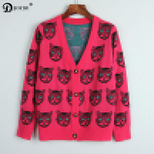 

joydu runway designer cardigan 2017 new winter cat head pattern vintage oversized sweater jacket jersey luxury wool knit jumper1, White;black