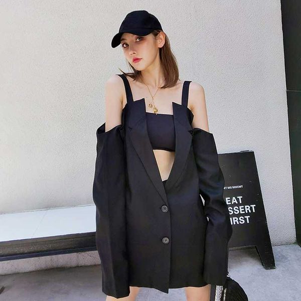 

asymmetric blazer for women v neck long sleeve off shouder backless patchwork streetwear coats female 2021 fashion new style, White;black
