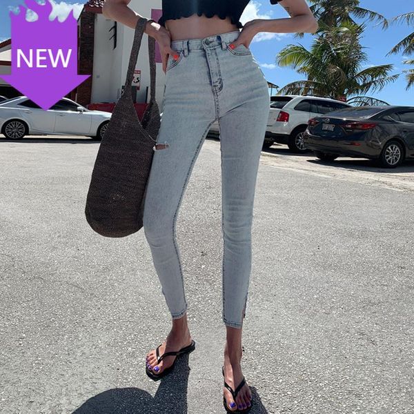 

women's jeans ripped hole female pencil 2021 women trousers streetwear light blue high waist stretch skinny pants split