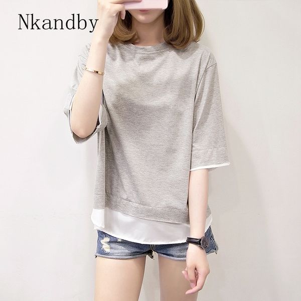 

nkandby plus size half sleeve t shirts summer korean femme casual loose patchwork faux two piece maiden tshirt t200614, White