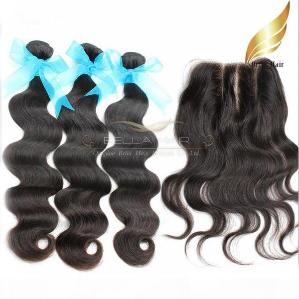 

indian body wave hair with 3 part lace closure human hair wefts grade 8a natural color 8-26 inch bellahair, Black