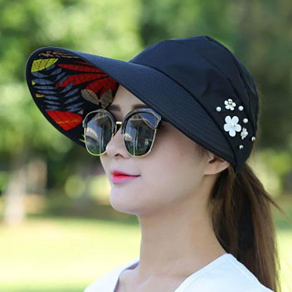

wide brim hats summer foldable sun hat women outdoor uv protection cap female ladies flower pearl floppy panama, Blue;gray