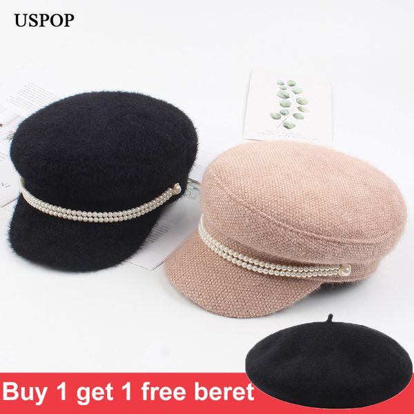 USPOP Neue winter caps frauen newsboy caps weibliche perle nerz haar militär caps vintage flache top dicke warme hüte 2010132562