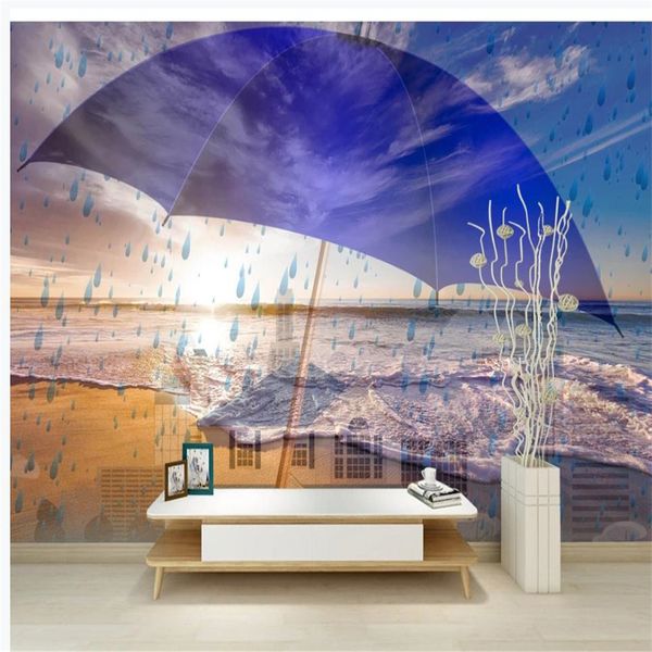 Bela paisagem wallpapers criativo guarda-chuva pingas de chuva praia papéis de parede fundo papel parede 3d estereoscópico papel de parede