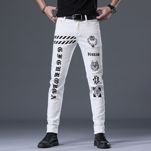 

ykmxy men's straight tube slim men's pants jeans printed legged and jeans korean stretch white fashion for men fu3bo, Blue