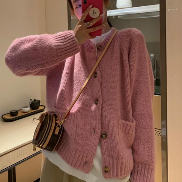 

pink knitted cardigan sweater loose aesthetic simple long sleeve cardigan korean style kobieta swetry women clothes de50ks1, White