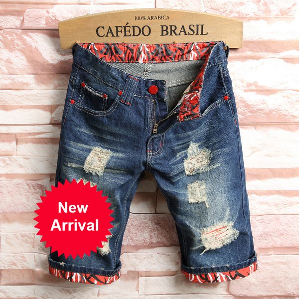 

new summer mens holes denim shorts fashion men denim jeans slim straight pants trend mens stylist pants 99u4a, Blue
