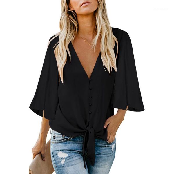 

women's blouses & shirts women v-neck loose blouse with wide sleeves buttons down tie front knot casual mujer1, White