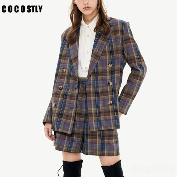 

2020 autumn vintage plaid two piece set woman suits office blazer jacket coat+high waist zipper shorts 2 peice set female suit1, Gray