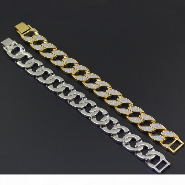 

men's luxury simulated diamond fashion bracelets & bangles gold plated iced out miami cuban bracelet hip hop, Golden;silver
