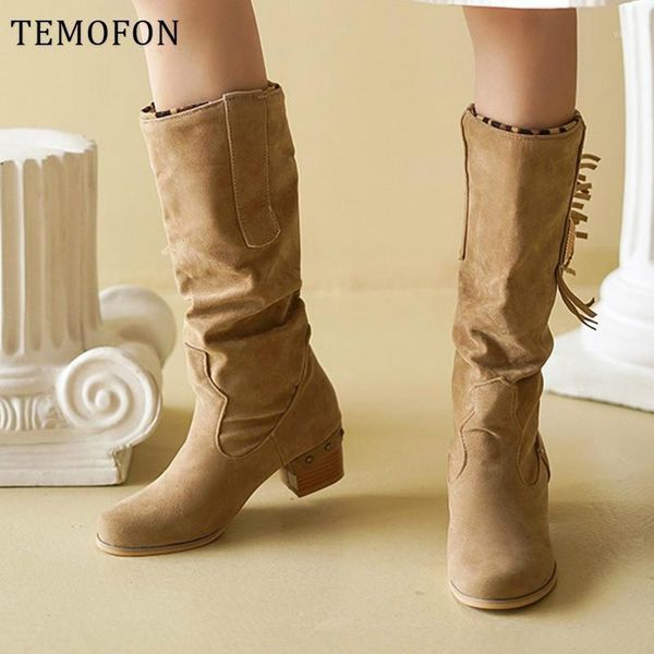 

boots temofon tassel winter mid calf women fringe vintage square heels autumn shoes round toe retro female chunky hvt16141, Black