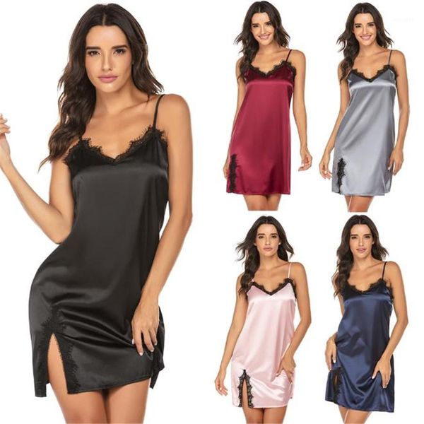 

womens pajamas v neck sleeveless solid color split womens sleepwear casual femme clothes lace spaghetti strap, Black;red