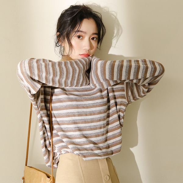 

2019 spring new korean fashion casual small fresh gradient stripe long sleeve round neck t-shirt coat t-shirt for women qlw0y, White