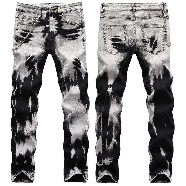 

2020 men's snowflake vintage lanyard decorative stretch slim jeans, Blue