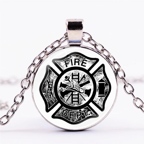 

firefighter symbol statement necklace silver plated fire fighter badge pendant glass dome long chain fire-rescue jewelry