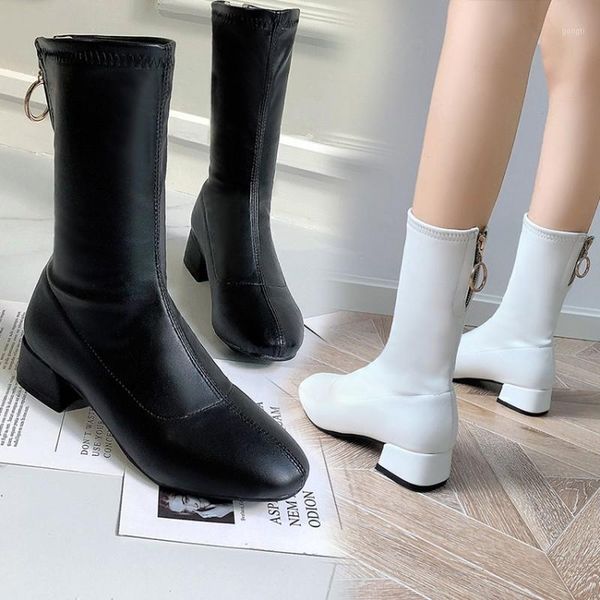 

boots autumn and winter style fashion thick heel short casual motorcycle women's white high 4cm plus size 34-431, Black