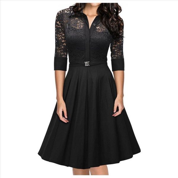 

38# women's dress ladies casual fashion summer xl lace long sleeve mid-length dress lady dress, Black;gray