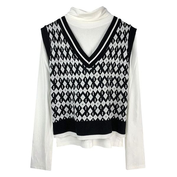 

vintage argyle sweater vest for women autumn winter pullover vest knitted sleeveless jecket chaleco punto, Black;white