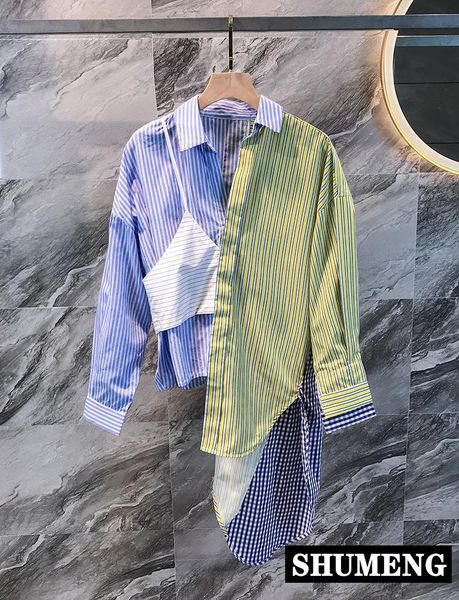 

women's blouses & shirts 2021 autumn striped stitching contrast color irregular casual shirt street blouse blusas mujer nancylim, White