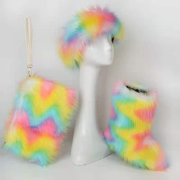 

зимние женские туфли пушистые меховые снежные ботинки для женской лодыжки плоский каблук ботинок леди сумка повязки, Black