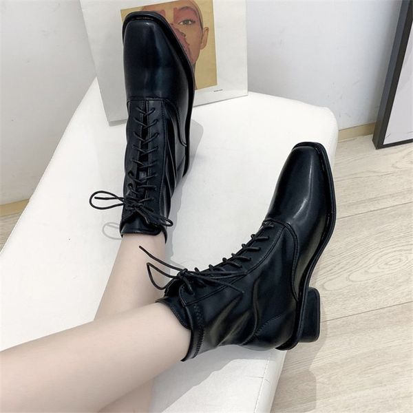 

2021 new winter autumn high-quality leather pointed toe lace female anti-slip fashion to wear boots jpq9, Black