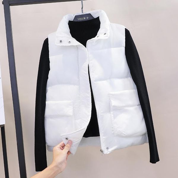

women's vests autumn winter solid loose vest pockets stand collar long jacket cotton padded windproof warm waistcoat, Black;white