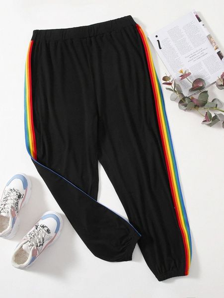 

plus rainbow stripe tape sweatpants 753w#, Black