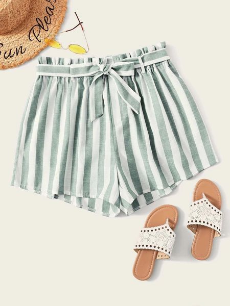 

large women's shorts elastic waist stripe bandage solid wide leg slacks, White;black