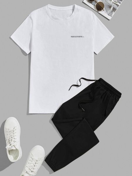 

men slogan graphic tee & carrot pants l37r#, Gray