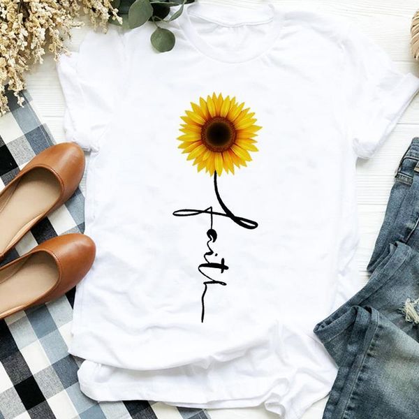 

women lady flower cartoon faith letter casual clothing print womens clothes shirt t tee for tshirt female graphic t-shirt, White