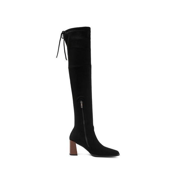 

2021 new high heel over the knee pu flock square toe women shoes winter lace up zipper long boots big size 34-43 7gwl, Black