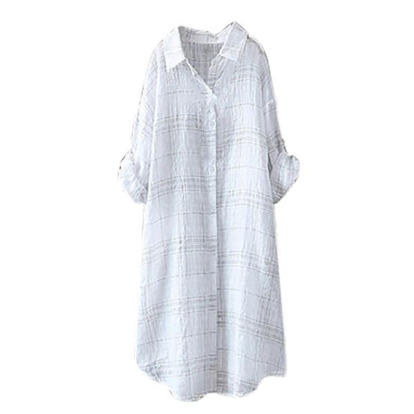 

women blouse solid color casual stripe plaid check long sleeves shirt buttons loose blouse womens and blouses camisas, White