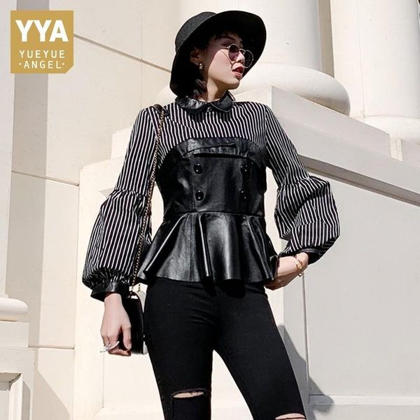 

genuine leather patchwork fake piece striped jackets qualities sweet sheepskin lantern sleeve slim womens ruffles pullover 1, Black