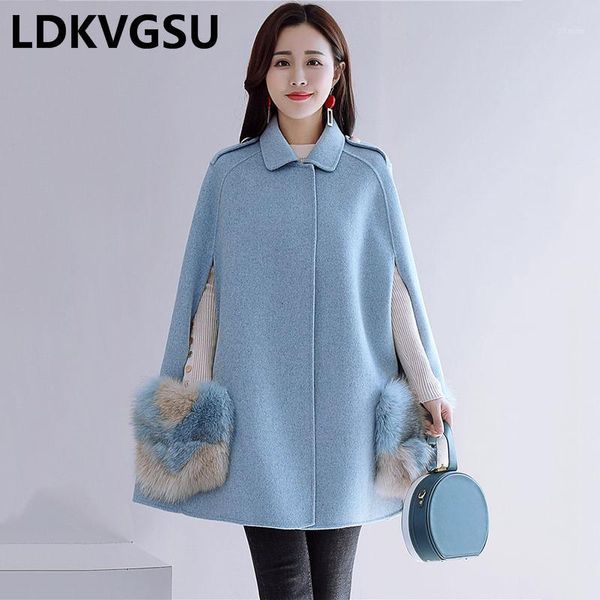 

2018 autumn winter new woolen coat female sweet temperament fashion long cape blue beige single breasted cloak coat tide is14851, Black