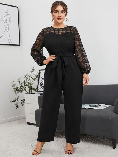 

plus contrast plaid mesh lantern sleeve belted jumpsuit o4r2#, Black