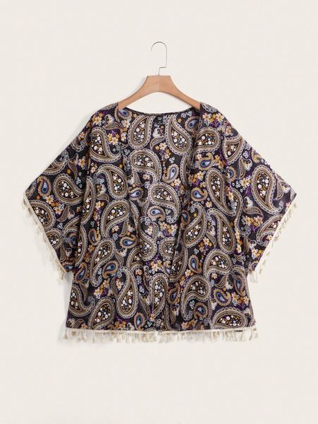 

plus paisley print tassel trim open front kimono 891t#, Black