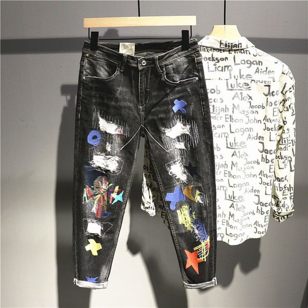 

2021 new american street style fashion elastic slim fit ripped men patches designer night club pencil pants hip hop jeans o17r, Blue