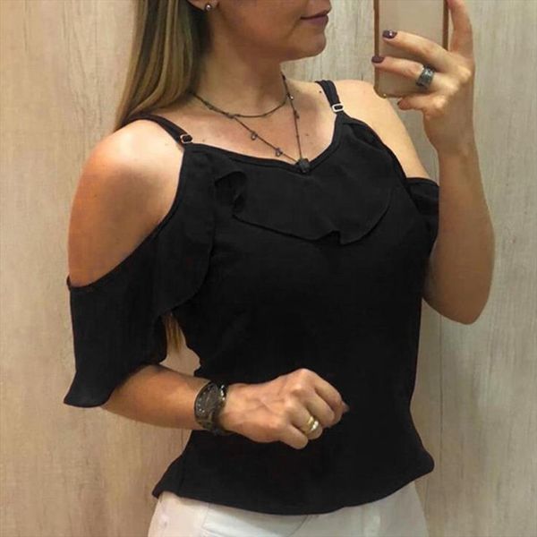 

мода блузка женщина с плечом лета твердой strappy сборка вскользь шифоновые женщины топов и блузка blusas mujer de moda 2020, White