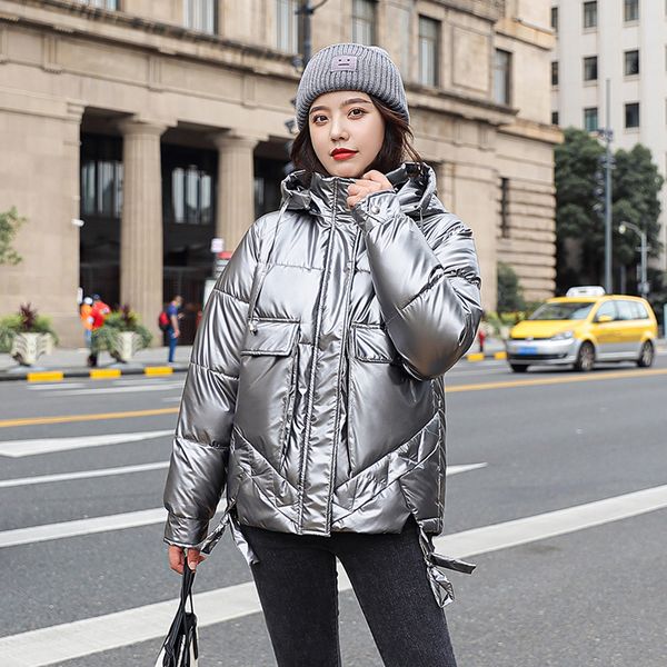 

2021 newplus size women winter jacket short style shiny hooded women's collar thick coat female outwear vgm8, Black