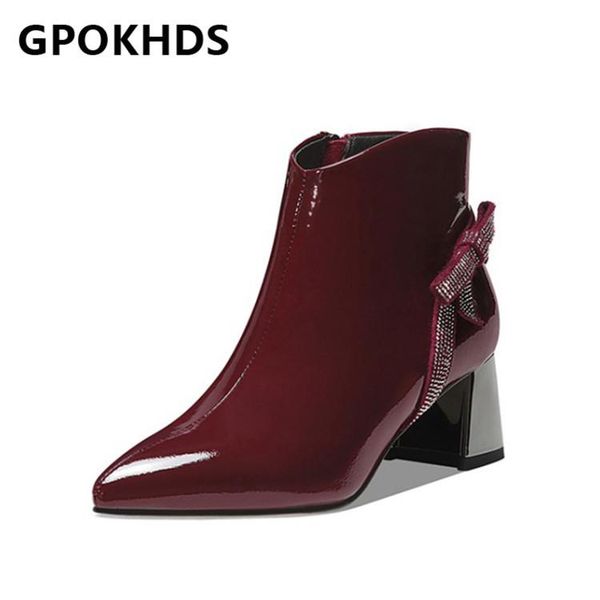 

gpokhds 2021 women ankle boots cow leather winter short plush pointed toe butterfly-knot crystal high heels female boots size 39, Black