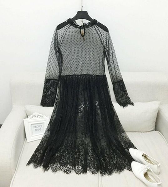 

women mesh sheer see through bodycon maxi long dress autumn tulle lace long sleeve beach cover up fishnet vestidos, Black;gray