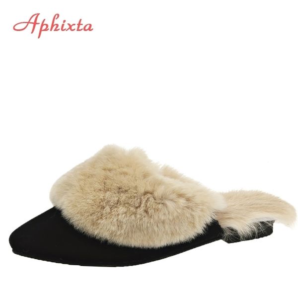 

aphixta real animal fur slides slippers lady natural rabbit mules flip flops fluffy fur sandals plush shoes amazing present y200106, Black