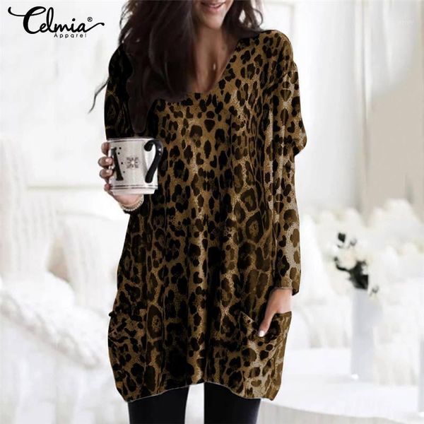 

celmia vintage women tunic long sleeve v-neck pockets blouses casual leopard print shirt elegant work blusas plus size1, White