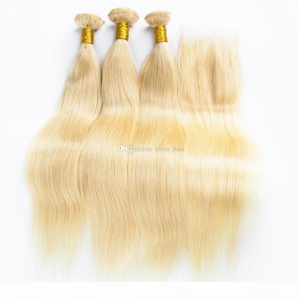 

blench blonde #613 silky straight human hair 3bundles with closure pieces 4x4 colored 613 virgin human hair weaves with lace closure, Black;brown