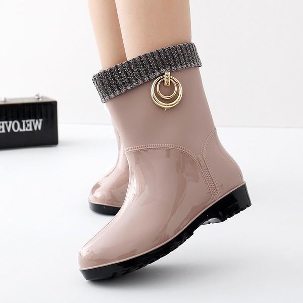 

boots rubber rain for women waterproof warm plush fur fashion shoes ladies short ankle rainboots 2021 non-slip leather, Black